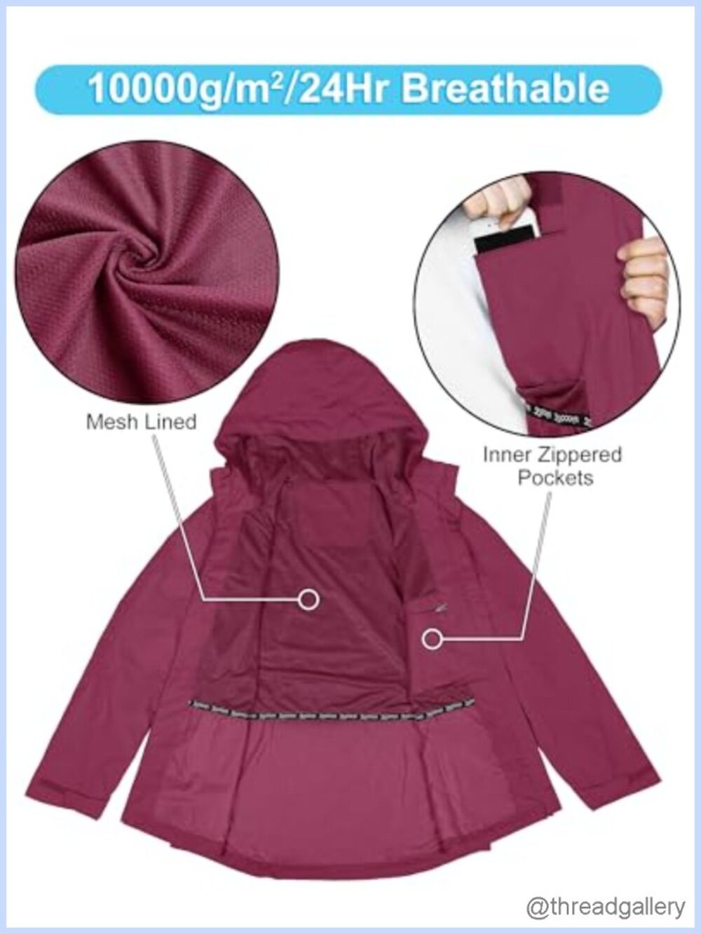 Packable Waterproof Rain Jacket with Hood Womens Raincoat - Picture 5 of 6